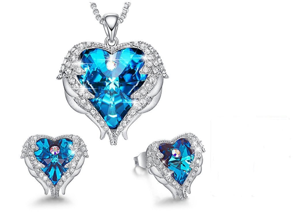 Blue Heart Guardian Angel Wings Necklace and Earrings