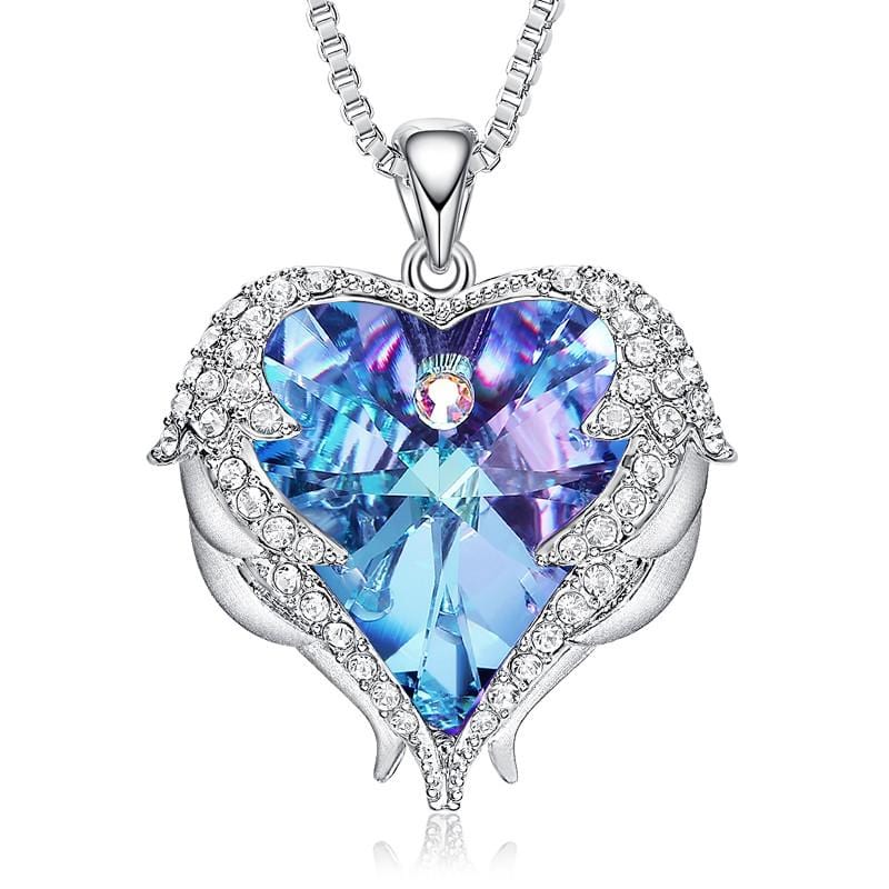 Blue Heart Guardian Angel Wings Necklace