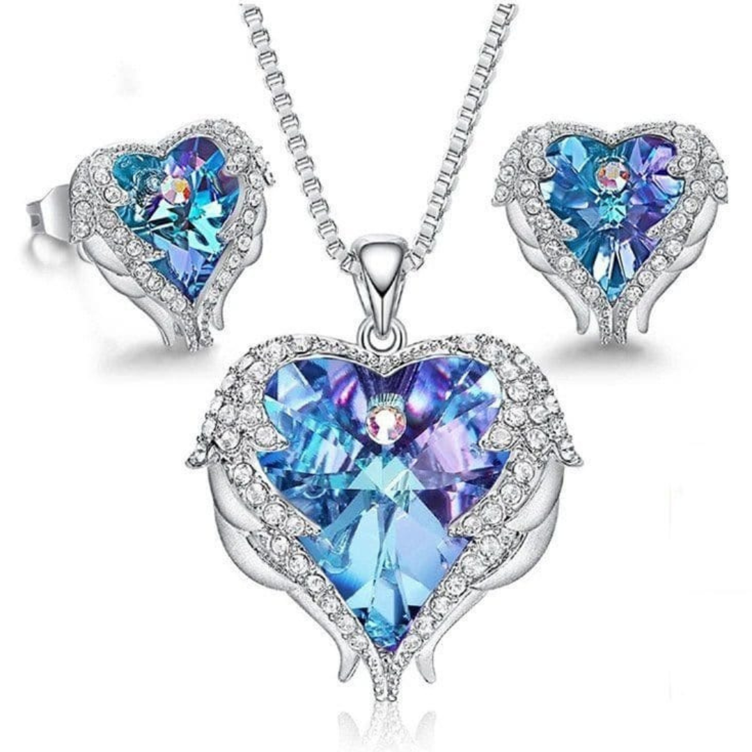 Love Heart Guardian Angel Wings Necklace and Earrings