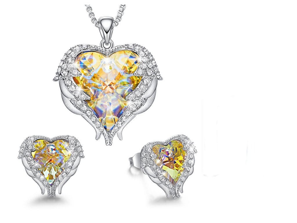 Yellow Heart  Angel Wings Necklace and Earrings